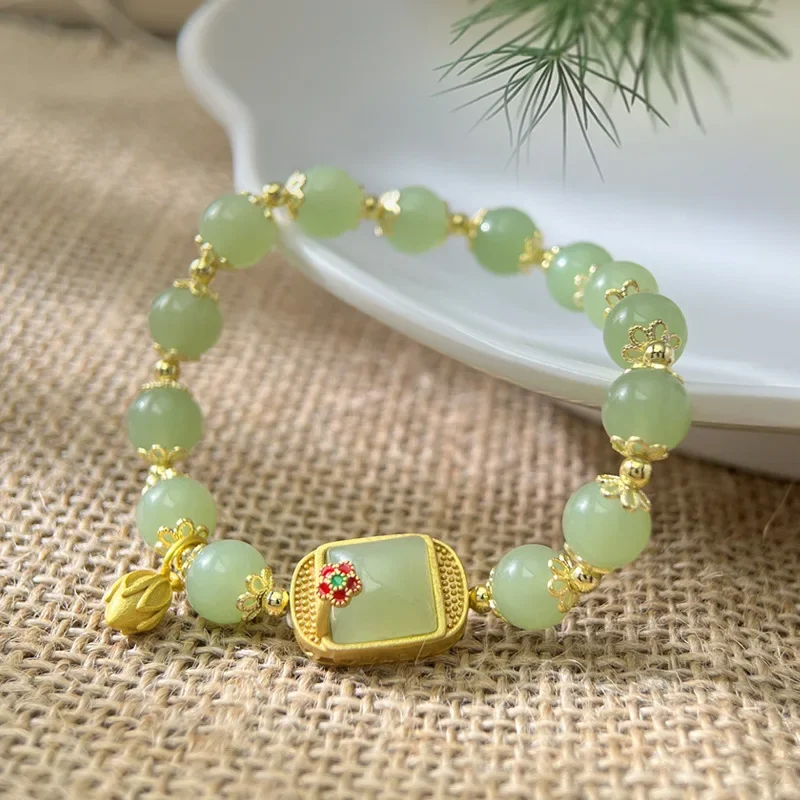 Sugar Lotus Natural Hetian Jade Exquisite Bracelet Women's Gold Plated Jasper Ethnic Style Crystal Girlfriend Beaded Jewelry