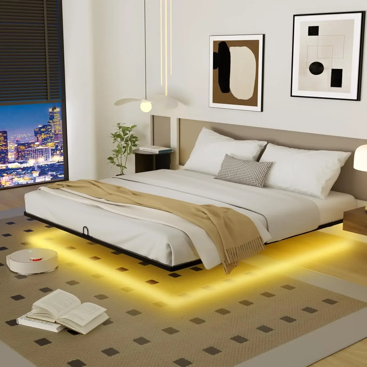 King Size Floating Bed Frame with Smart LED Lights, Metal Platform Bed | Modern Metal Platform Floating Bed King - Heavy Duty