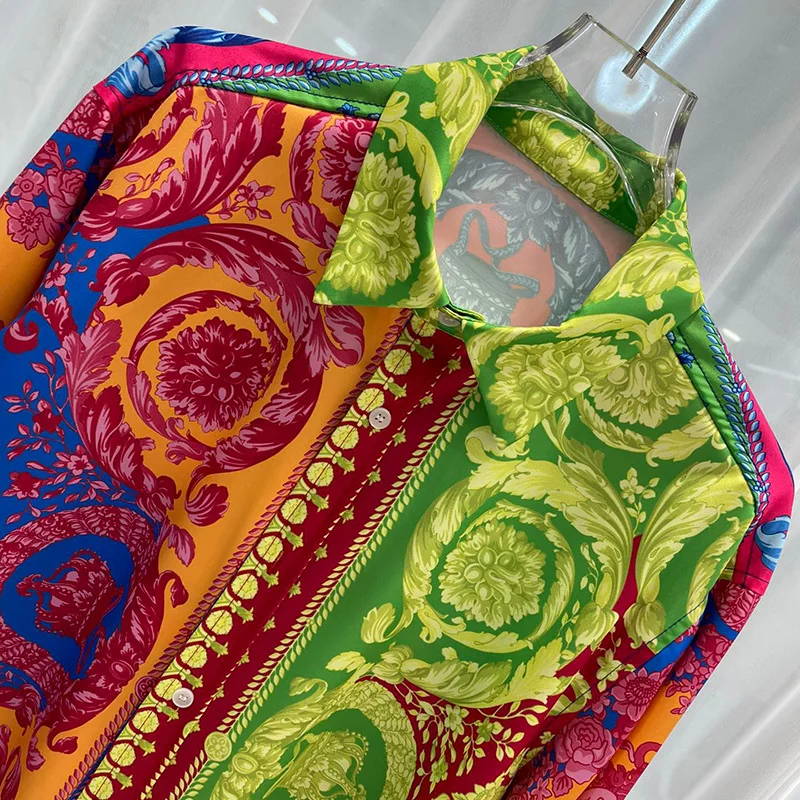 Camisa de manga larga de seda de hielo para hombre, ropa de salón con estampado gráfico, informal, color floral, corona, marca de moda, primavera y
