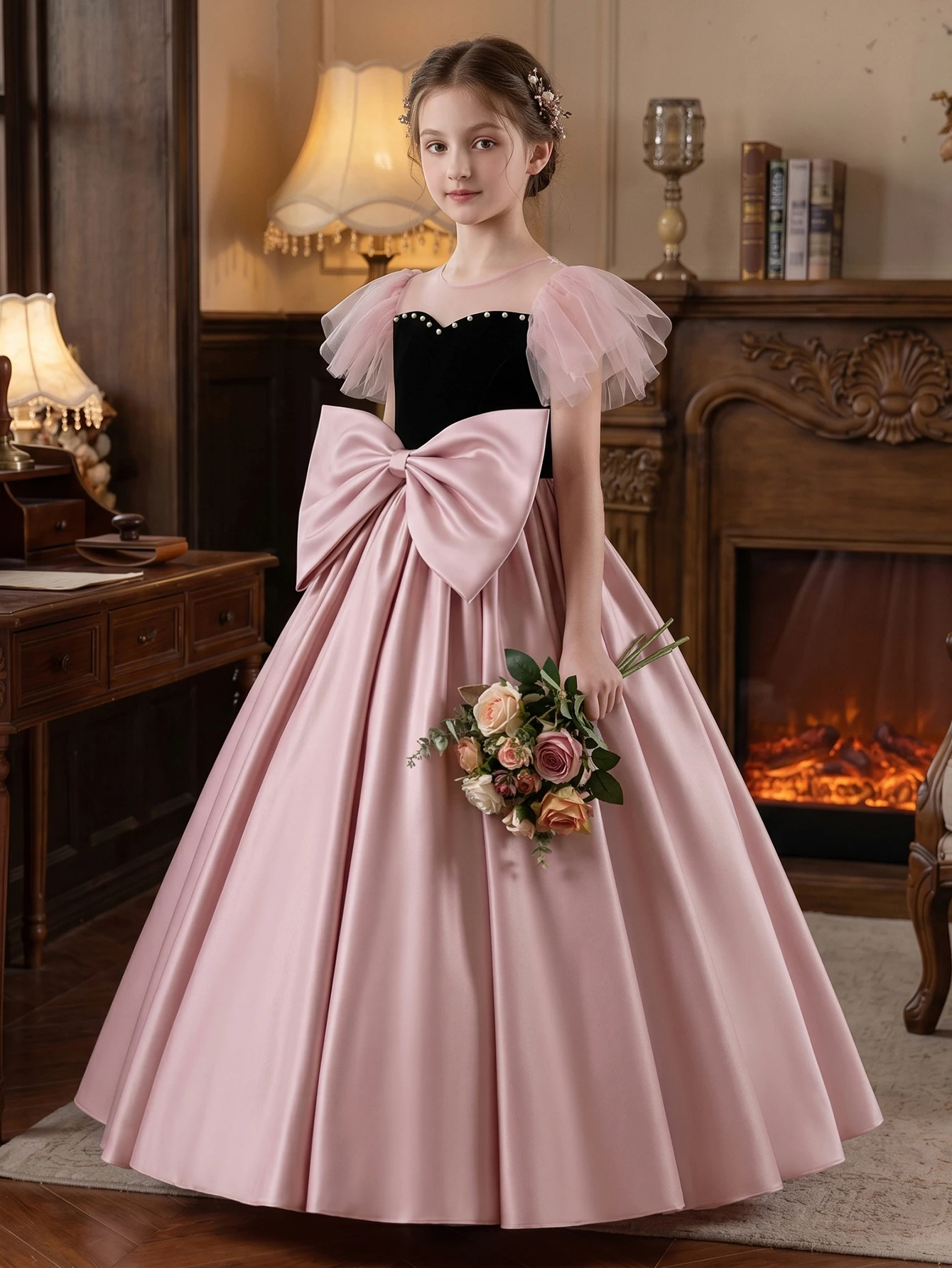 

Teen Girl Wedding Season Elegant Romantic Ruffle Sleeve Hand-Beaded Pink Satin Long Party Dress with 3D Waist Bow,Birthday,Balls