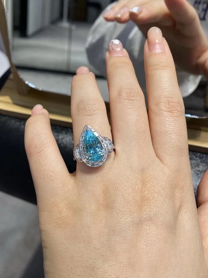 Ruif Mewah Disesuaikan Platinum Sekitar 7ct Lab Tumbuh Yag Paraiba Tourmaline Cincin untuk Wanita Jari Perhiasan Perak Pernikahan