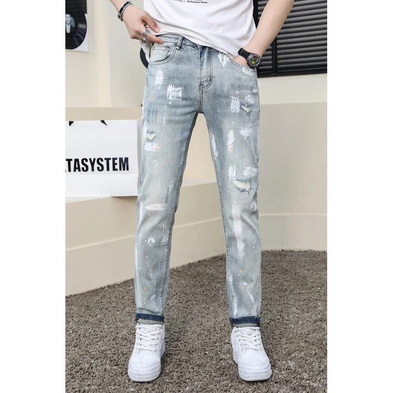 Jeans rasgado, com design de tinta splash, confortável, slim fit, magro, calças de alta qualidade, nova moda, tinta spray, stretch, 2022