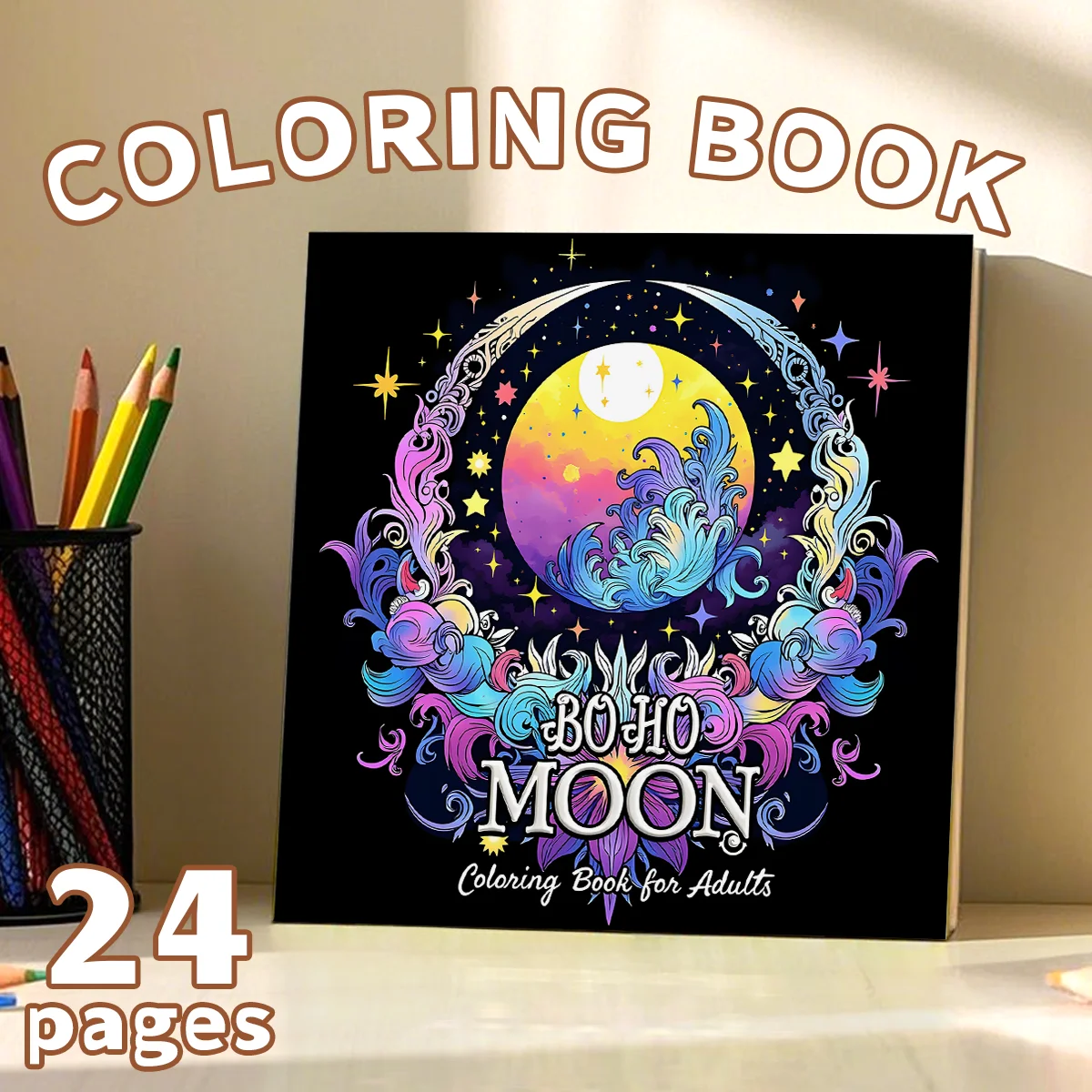 BOHO MOON Bold-Easyรูปแบบสมุดระบายสีสําหรับผู้ใหญ่สมุดวาดภาพน่ารักของขวัญภาพวาดที่สมบูรณ์แบบสําหรับงานปาร์ตี้และวันเกิด