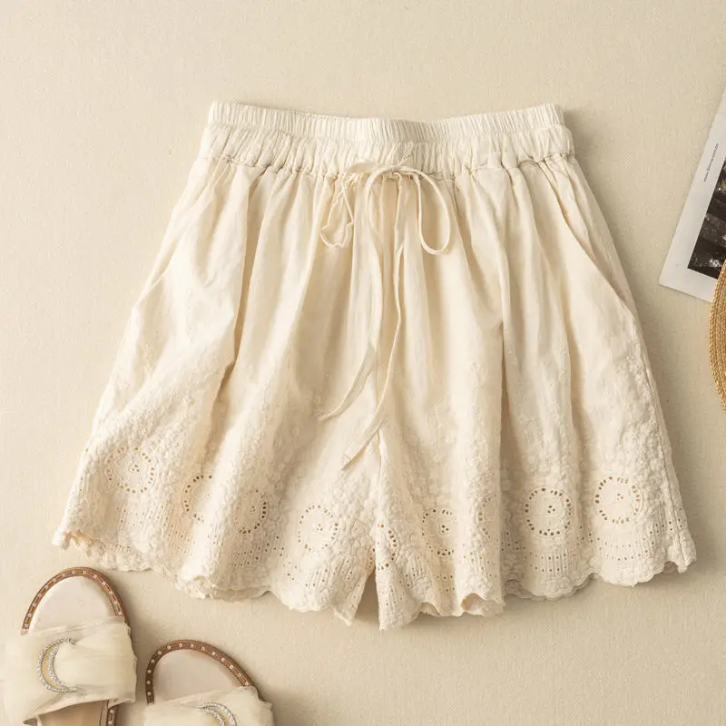 Harajuku Beige Cotton Eyelet Embroidery Shorts Elastic Drawstring Waist Loose Casual Women Summer Wide Leg Shorts With Pockets