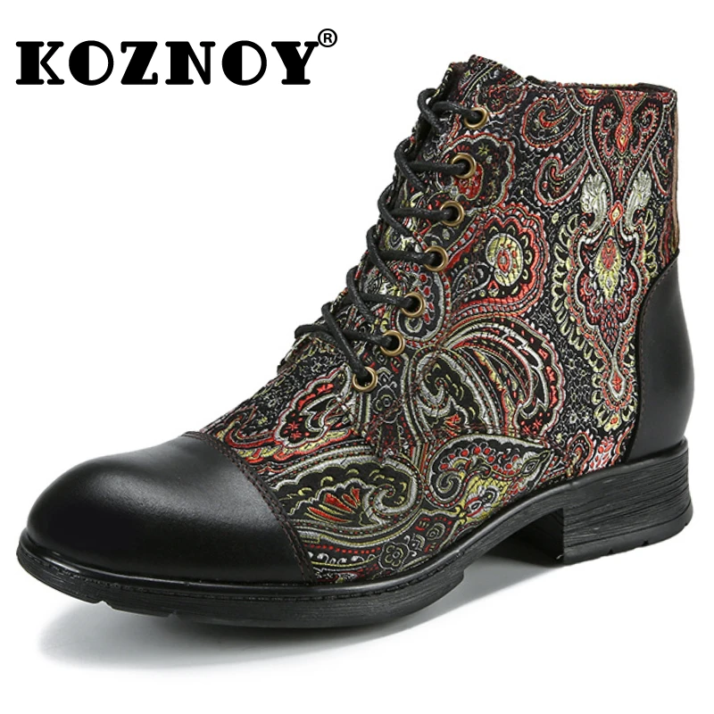 

Koznoy 3.5cm Embroidery Silk Genuine Leather Spring Ethnic Woman Big Size Winter Plush Print Ankle Mid Calf Booties Autumn Shoes