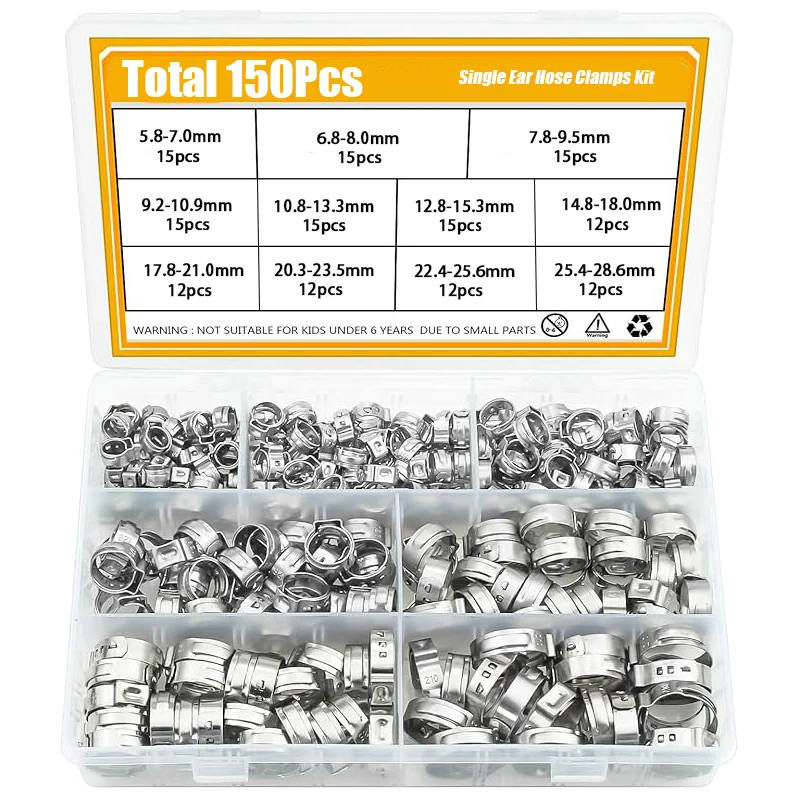 150 Stück 304 Edelstahl-Einzelohr-Schlauchschellen, 7–28,6 mm Clips, Quetschklemmen-Sortiment-Set für verschiedene Schläuche, Kunststoffrohre