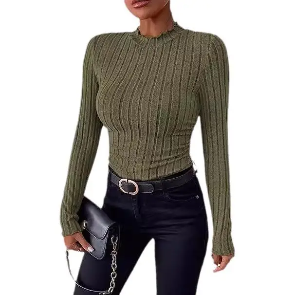 

Женская футболка High Ne Long Sve Slim Fit из смеси полиэстера и спандекса в полоску с узором в европейском стиле, летняя мода