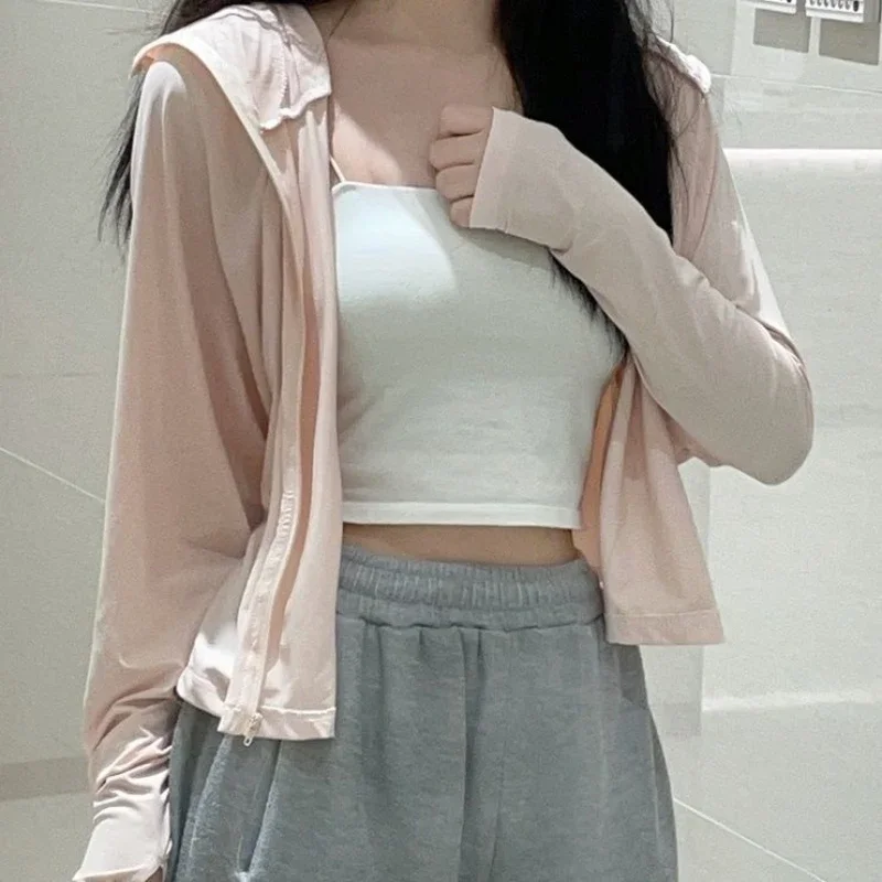 Jaqueta à prova de sol feminina, fina e respirável, estilo coreano, monocromática, combina com tudo, chique, casual, moda solta, temperamento feminino, verão