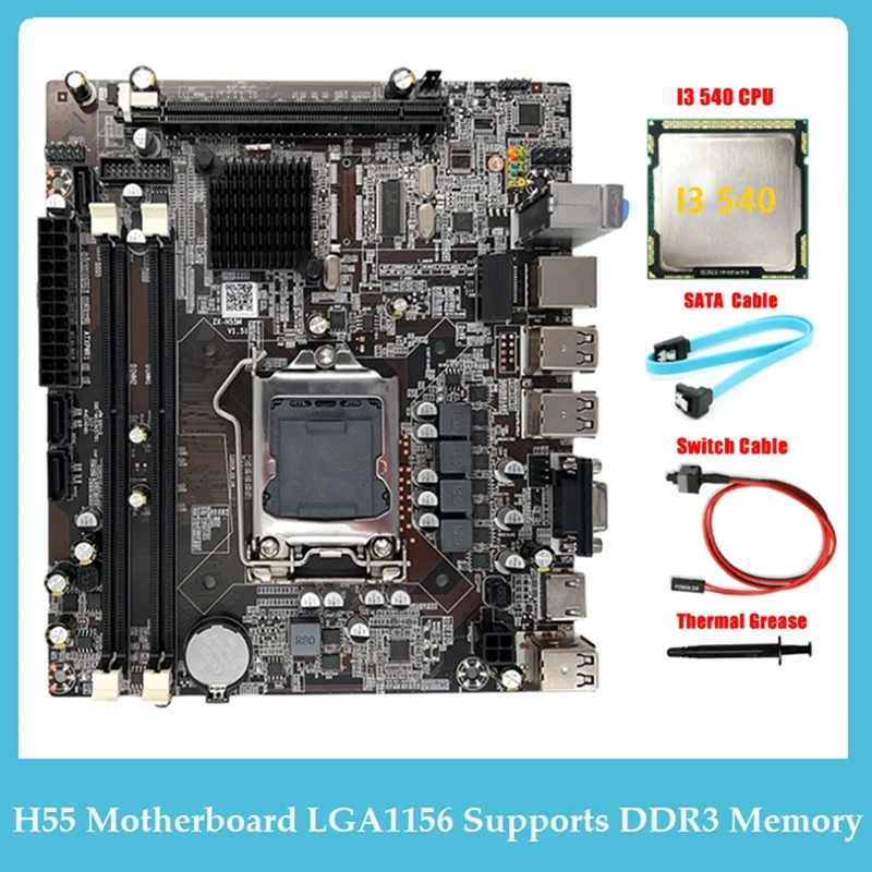Placa base H55 LGA1156 compatible con memoria DDR3 de CPU serie I3 530 I5 760 + CPU I3 540 + Cable SATA + Cable de interruptor + grasa térmica