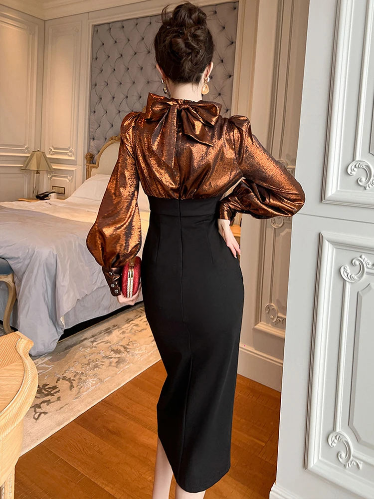 Abiti da cerimonia per occasioni formali stile lavoro da donna alla moda Abiti da donna eleganti per pendolari in ufficio chic con maniche a lanterna e avvolgenti sottili