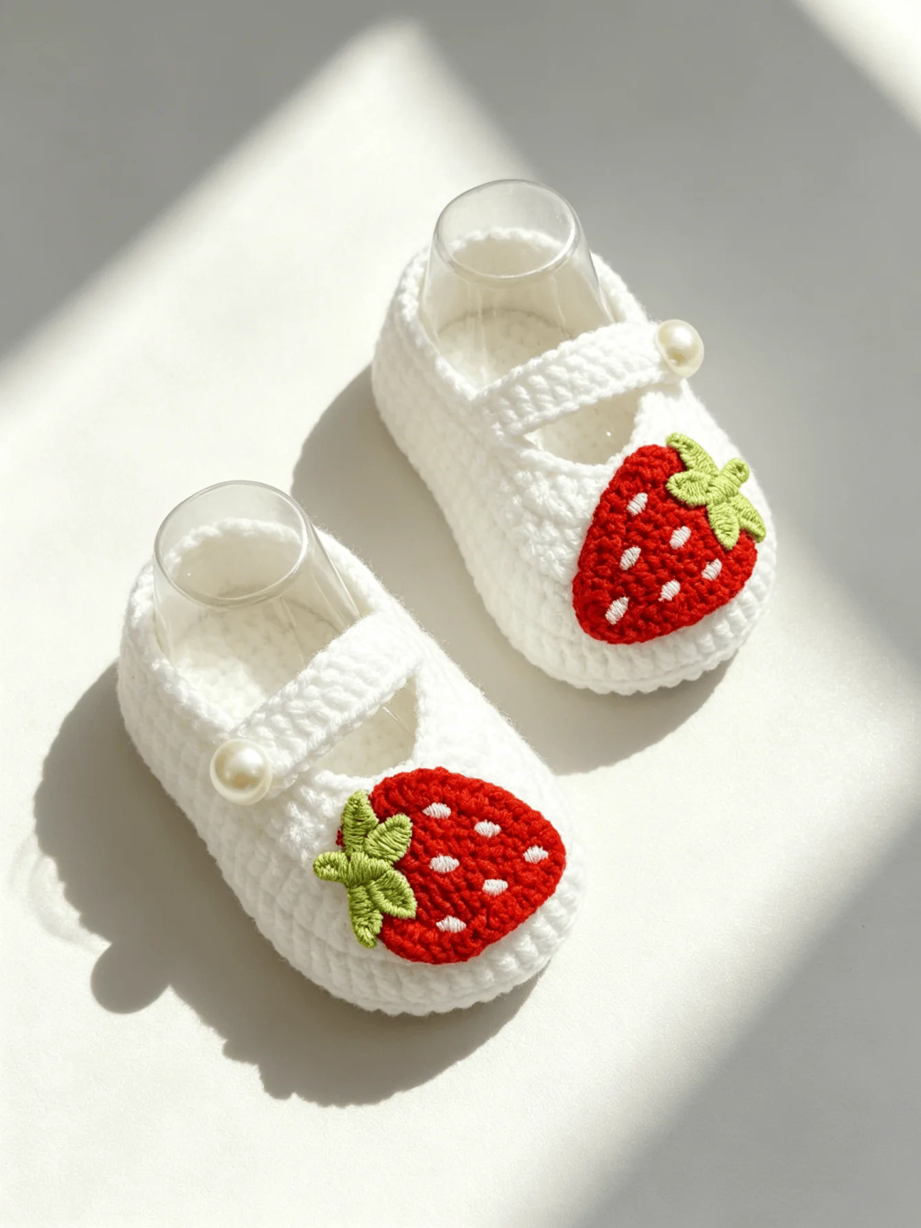 1 Paar gehäkelte Mary-Jane-Schuhe für Babys, weiß, Erdbeer-Stickerei mit Perlenknopfriemen, Babyschuhe – Detail 5