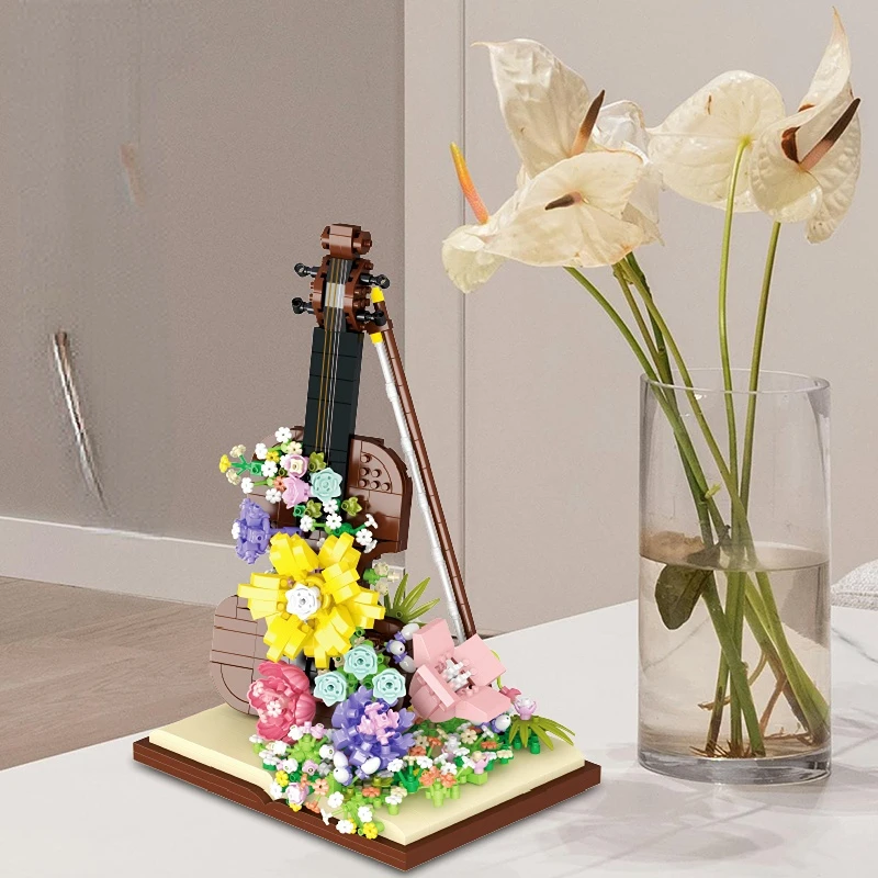 Micro Piano Violin Building Blocks Musical Instrument Flower Waterfall DIY Set Model Brick Toys Children\'s Holiday Gift For Kids