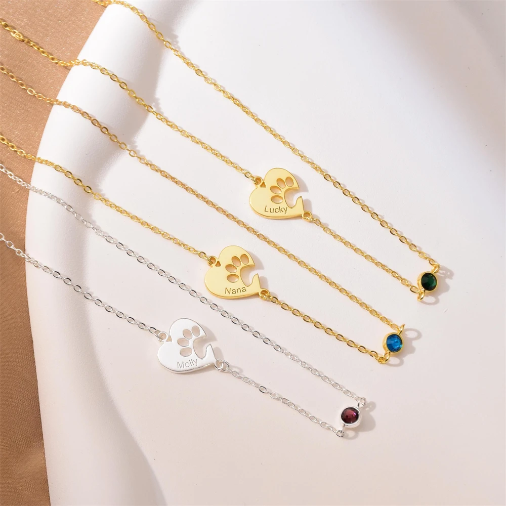 Heart Shaped Paw Birthstone Necklace Custom Engraved Name Paw Print Necklaces Pet Memorial Jewelry Personalized Cat Dog Choker