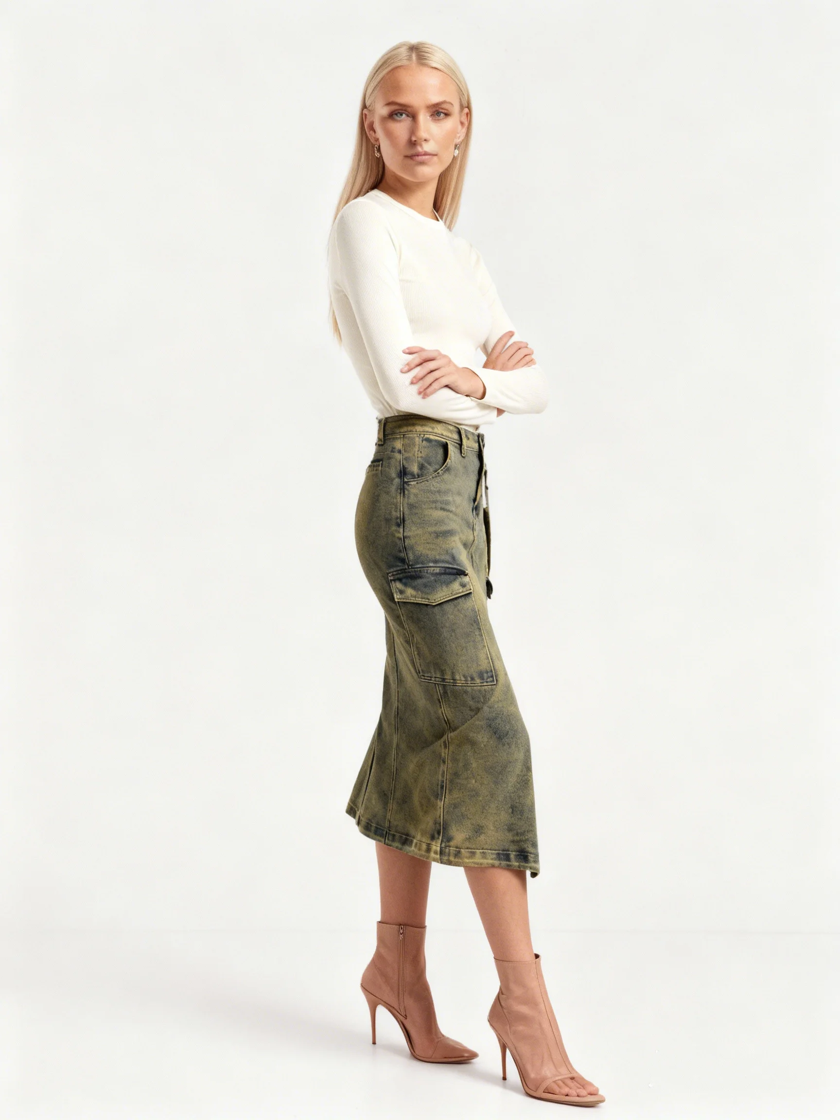Vintage Washed Denim Cargo Midi Skirt for Women High Waist Straight Fit Streetwear Utility Pocket Skirt Casual Fashion Bottom