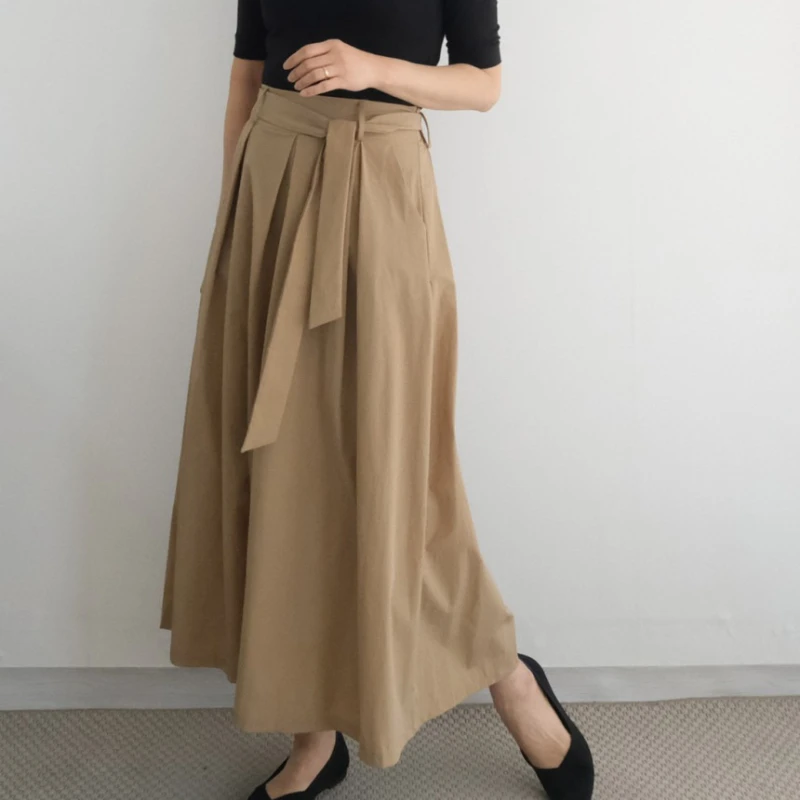 REALEFT High Waist Elegant Women's Umbrella Skirts Sashes 2025 New Solid Korean Casual Loose A-line Midi Skirts Pockets Female