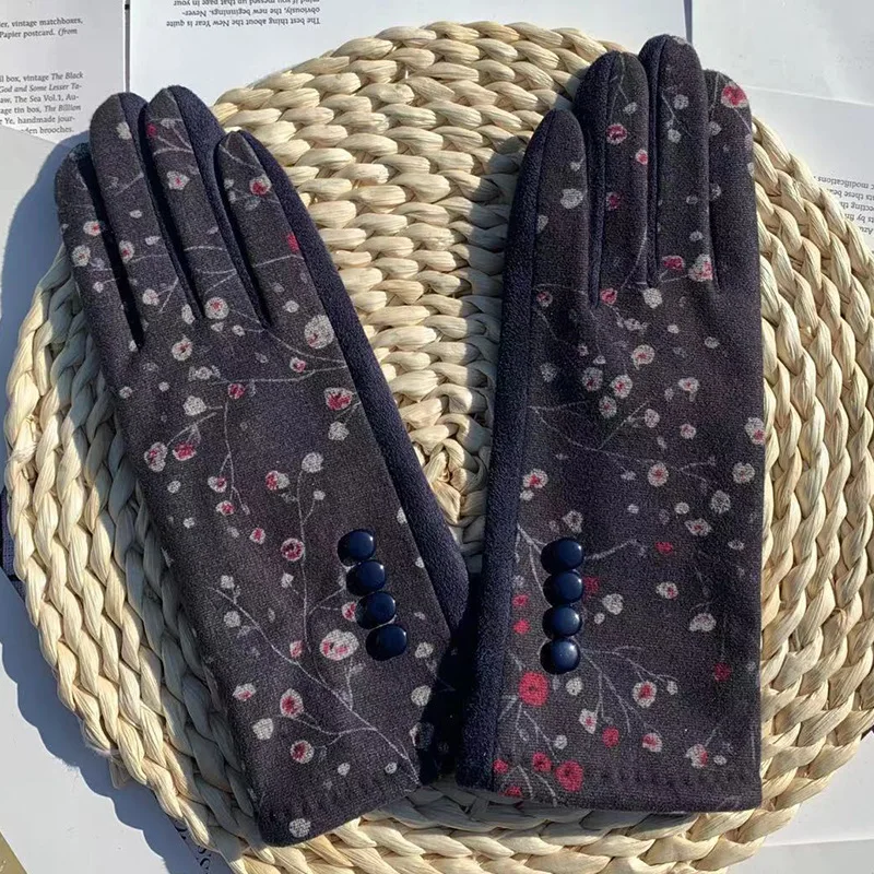 Guantes de flores para mujer, manoplas a prueba de viento, cálidas, no mullidas, bordadas, para viajes al aire libre, pantalla táctil, a la moda,