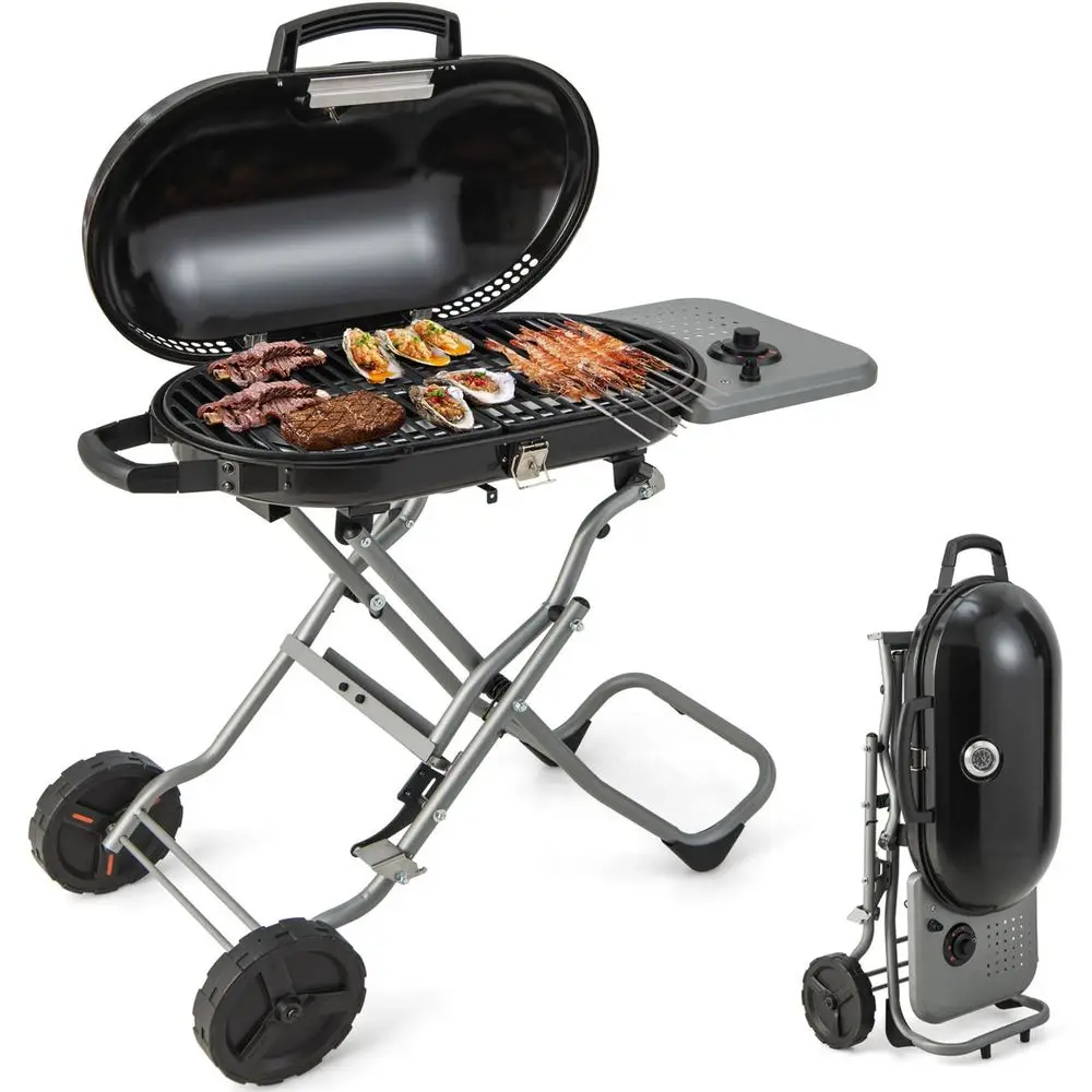 

Portable Propane Gas Grill with 15,000 BTUs Burner, Side Table, 2 Wheels, Grease Tray, Metal Frame, Folding StandUp Propane Gas