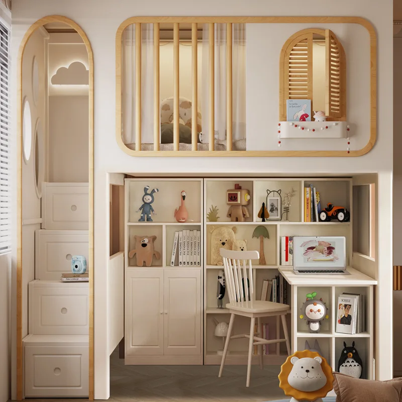 Customizable desk integrated wardrobe multi-functional bed under table empty cabinet combination high and low tree house bed