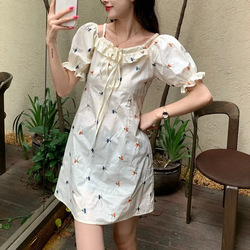 Women's Summer Geometric Slash Neck Printed Camis Bandage Patchwork Petal Short Sleeve Pullover Casual Elegant Party Dress