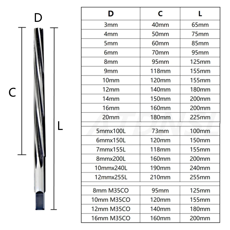 Spiral 1:50 Conical Reamer HSS Hand Reamer CNC Tools D3mm/4/5/6/8/9/10/12/14/16/18/20mm Extended 100/150/200/255L M35 Cobalt