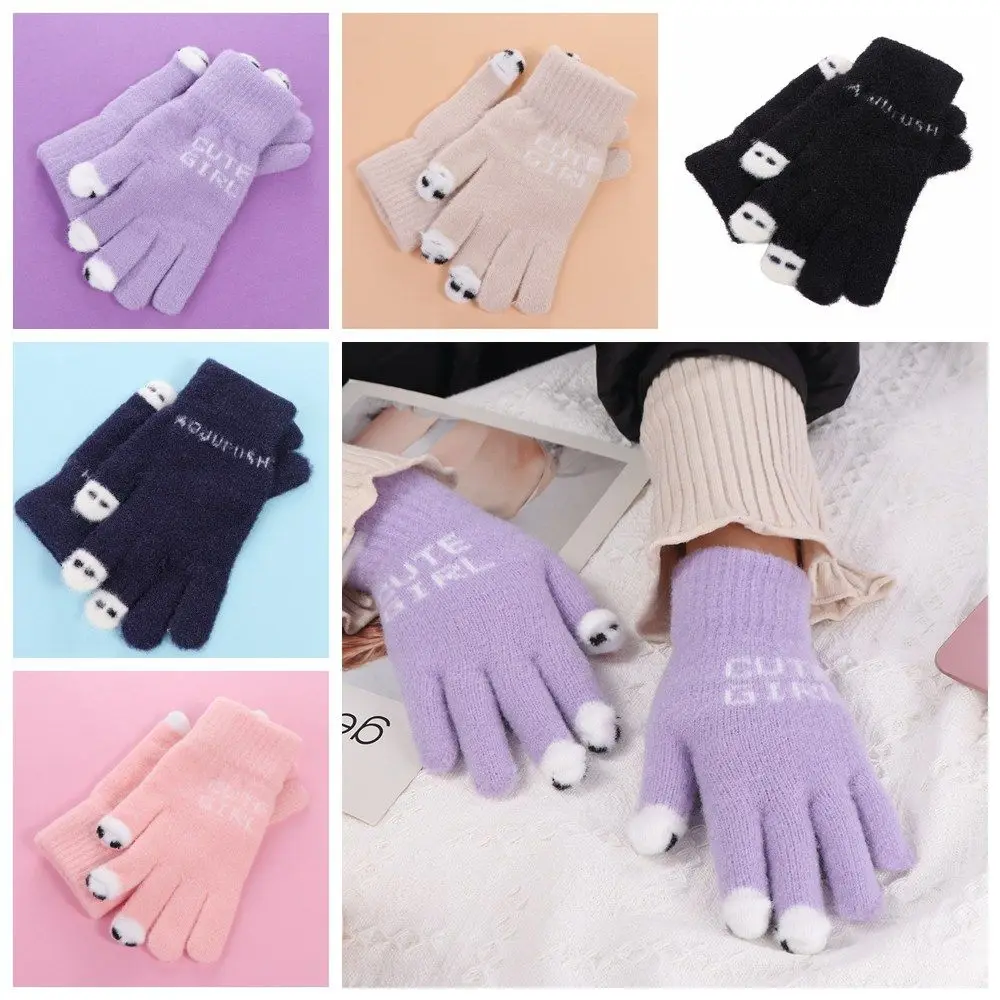 Touch Screen Plush Knitted Gloves Soft Warm Windproof Cute Velvet Gloves Letter Open Finger Fluffy Mittens Student