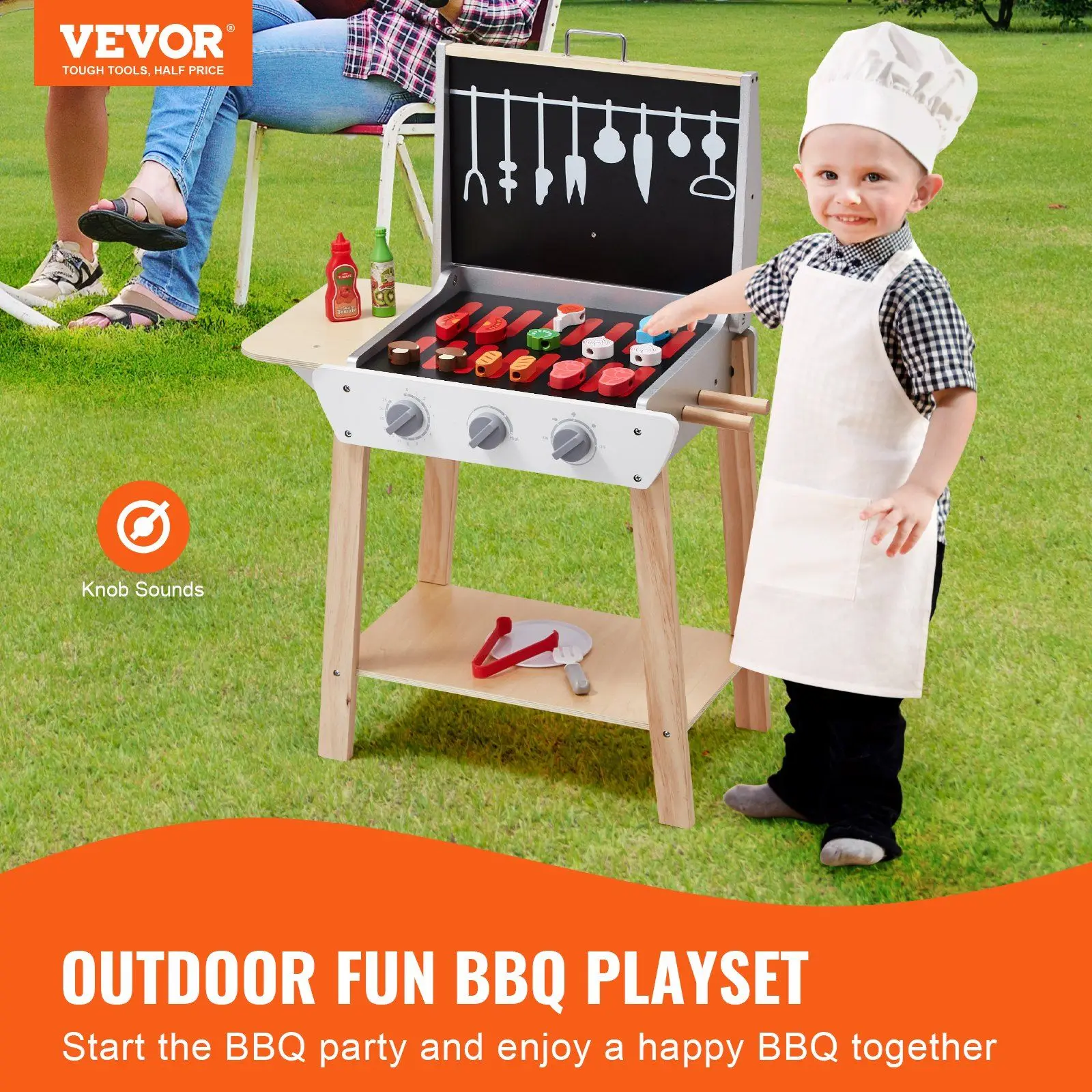 21 PCS Kids BBQ Grill Playset Wooden Cooking Grill Toy Set Pretend Sound