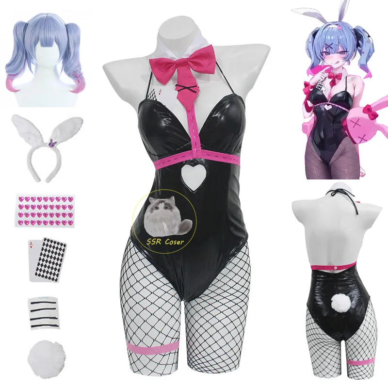 Miku Rabbit Hole Cosplay parrucca in pelle verniciata nera Bunny Girl Sexy Cute Halloween Cosplay Costume copricapo vestiti archi ragazza