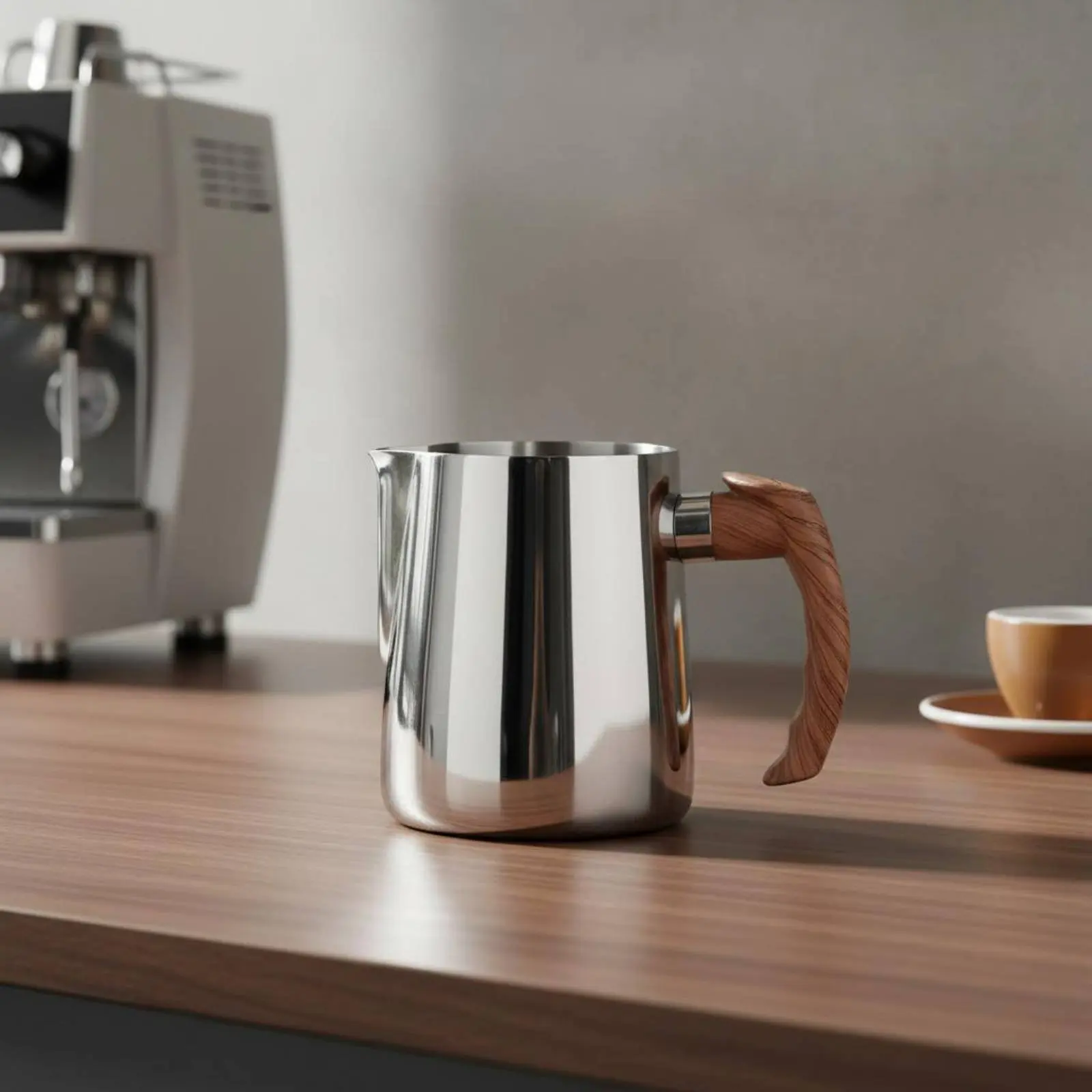 

Latte Art Jug with Wooden Handle Thickened Frame Stainless Steel Milk Frothing Pitcher Measuring Milk Steaming Container Easy To