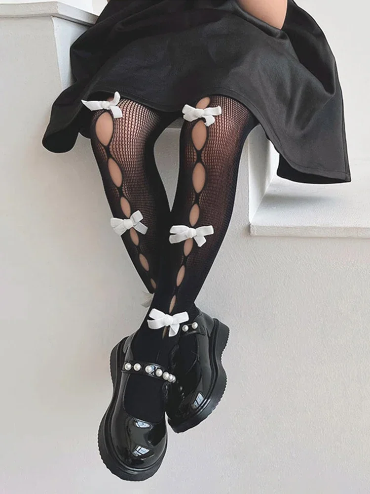 2023เกาหลีน่ารักใหม่ Bow Hollow ลูกไม้ถุงน่องฤดูร้อนบาง Fishnet สีขาวสีดำ Pantyhose Tights สำหรับเด็ก Leggings