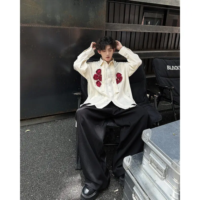 

Ele Long Sve Rose Floral Print irt for Men Casual Nightclub Outerwear Polyester Fiber Youthful Trendy Button-Up