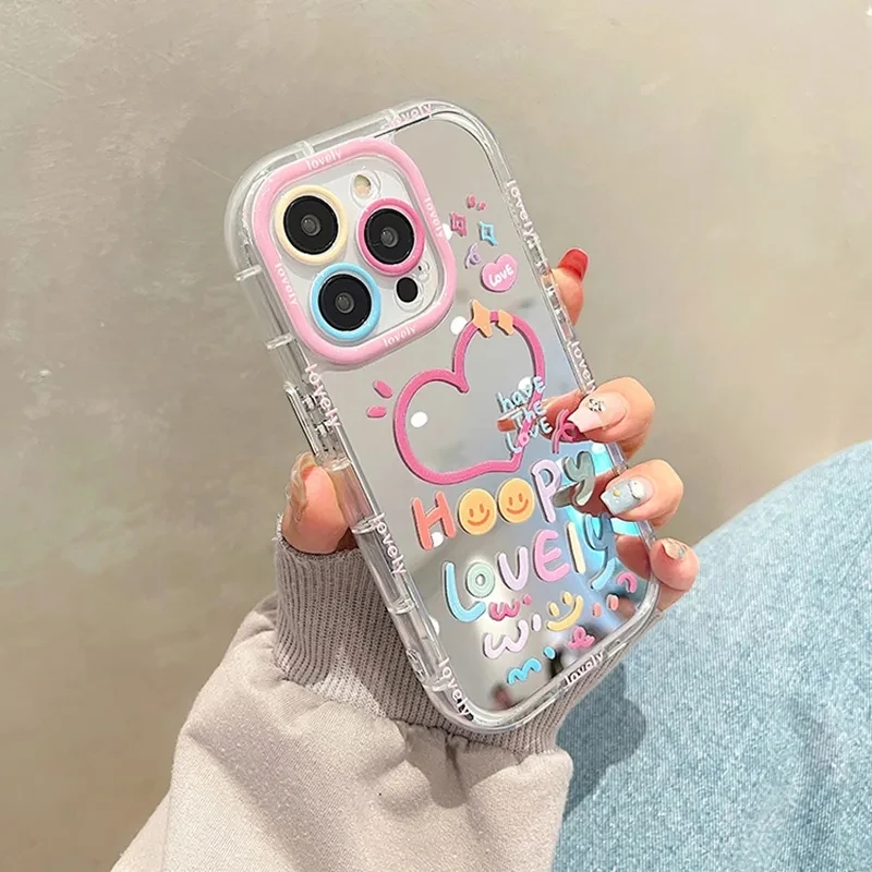 Shockproof Back Cover for Phone, Lovely Girl Heart with Mirror, Cute Phone Case, 11, 12, 13pro 14, 15 16Pro Max