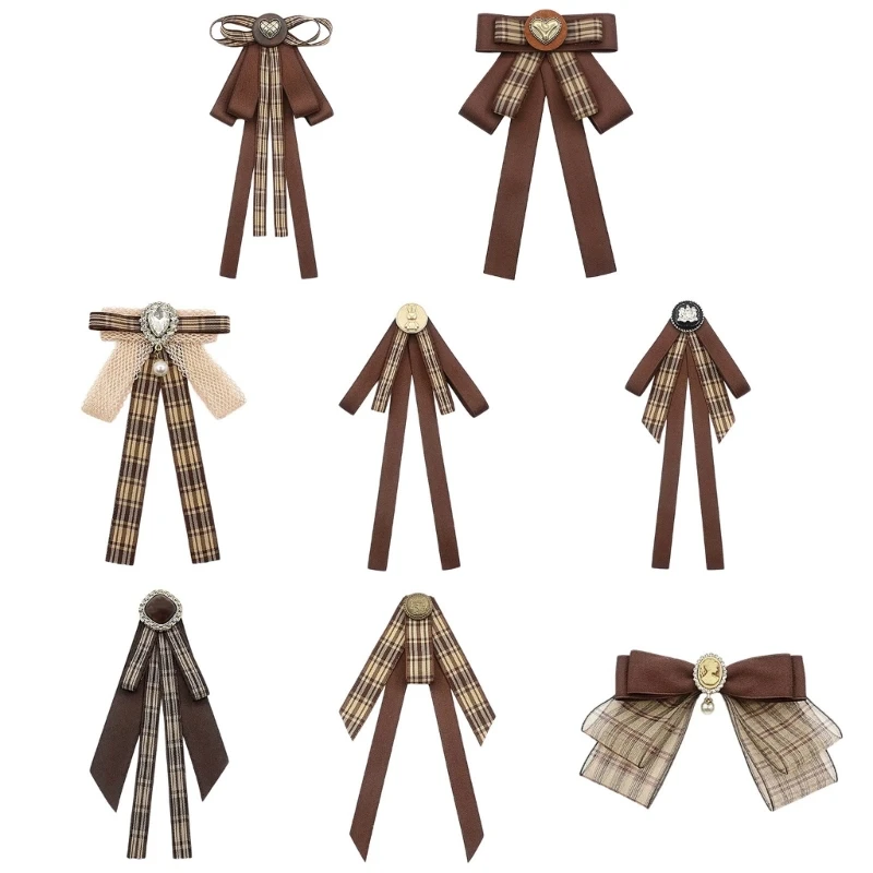 Brown Plaids Ribbon Bows Tie Brooch Pin Preppy Uniform Bowknot Clip for Student