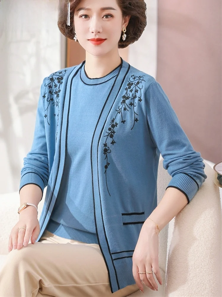 

New Arrival Mom's Autumn Knitted Loose Fit Two-Piece Set Faionable ly Women's Spring Autumn Open Cardigan Outerwear