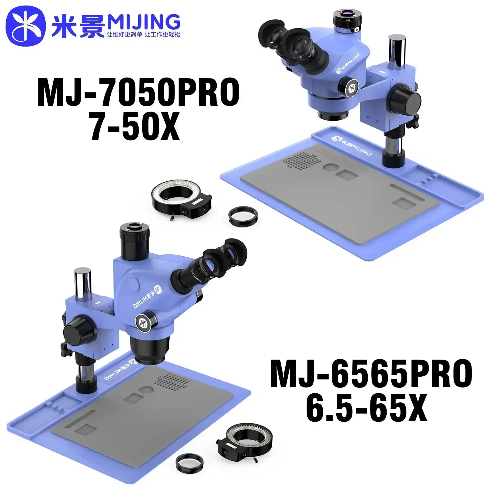 MIJING 7050PRO 6565PRO Trinocular Microscope Head 7-50X/6.5-65X Simul Focal Continuous Zoom Stereo Microscope Soldering Tool Set