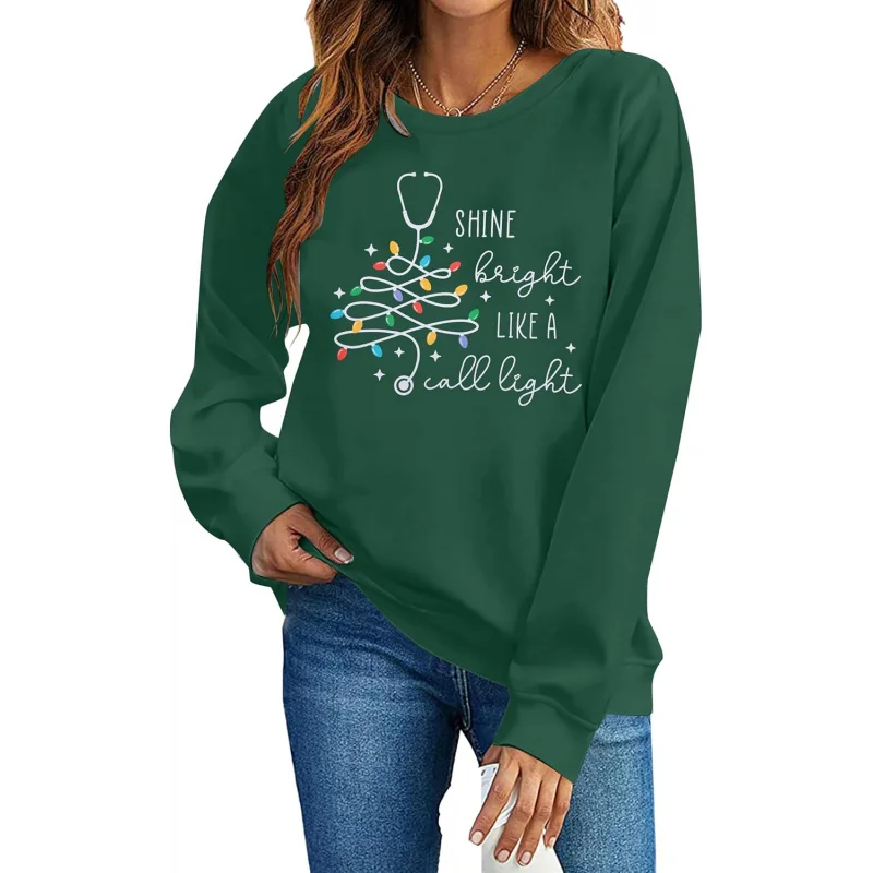 Christmas long sleeved sweatshirt shining like lightningladies\' nurse\'s day round neck pullover