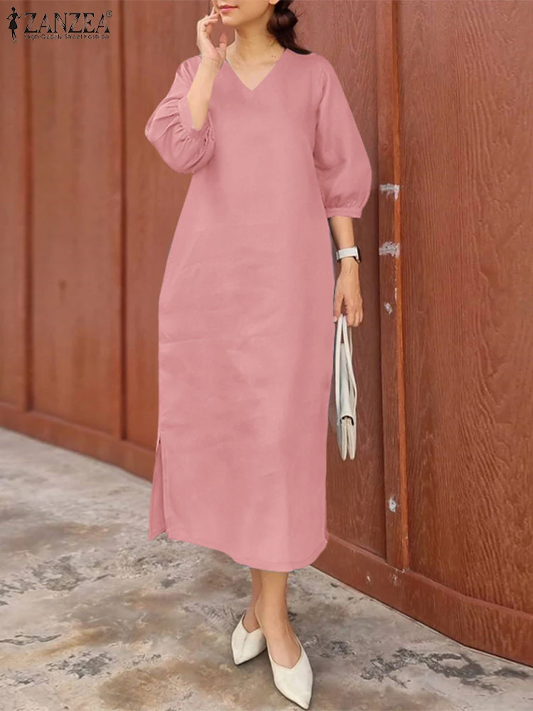 잔제아 캐주얼 코튼 린넨 미디 드레스 루즈핏 3/4 소매 V넥 데일리룩 여성용 사이드 슬릿 2025 여름 솔리드 베스티도스