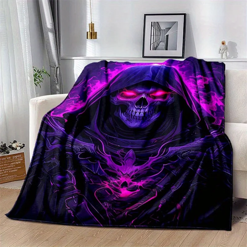 Purple Grim Reaper Skull Print Flannel Blanket Soft Lightweight Throw Blanket for Sofa Bed Couch All‑Season Cozy Blanket