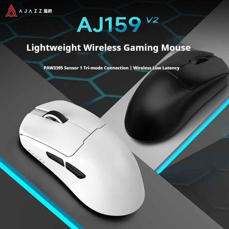 Rato de jogos Ajazz Aj159V2, com sensor Paw3395, conectividade tripla (sem fio, Bluetooth e com fio), leve, com bateria substituível, ideal para jogos
