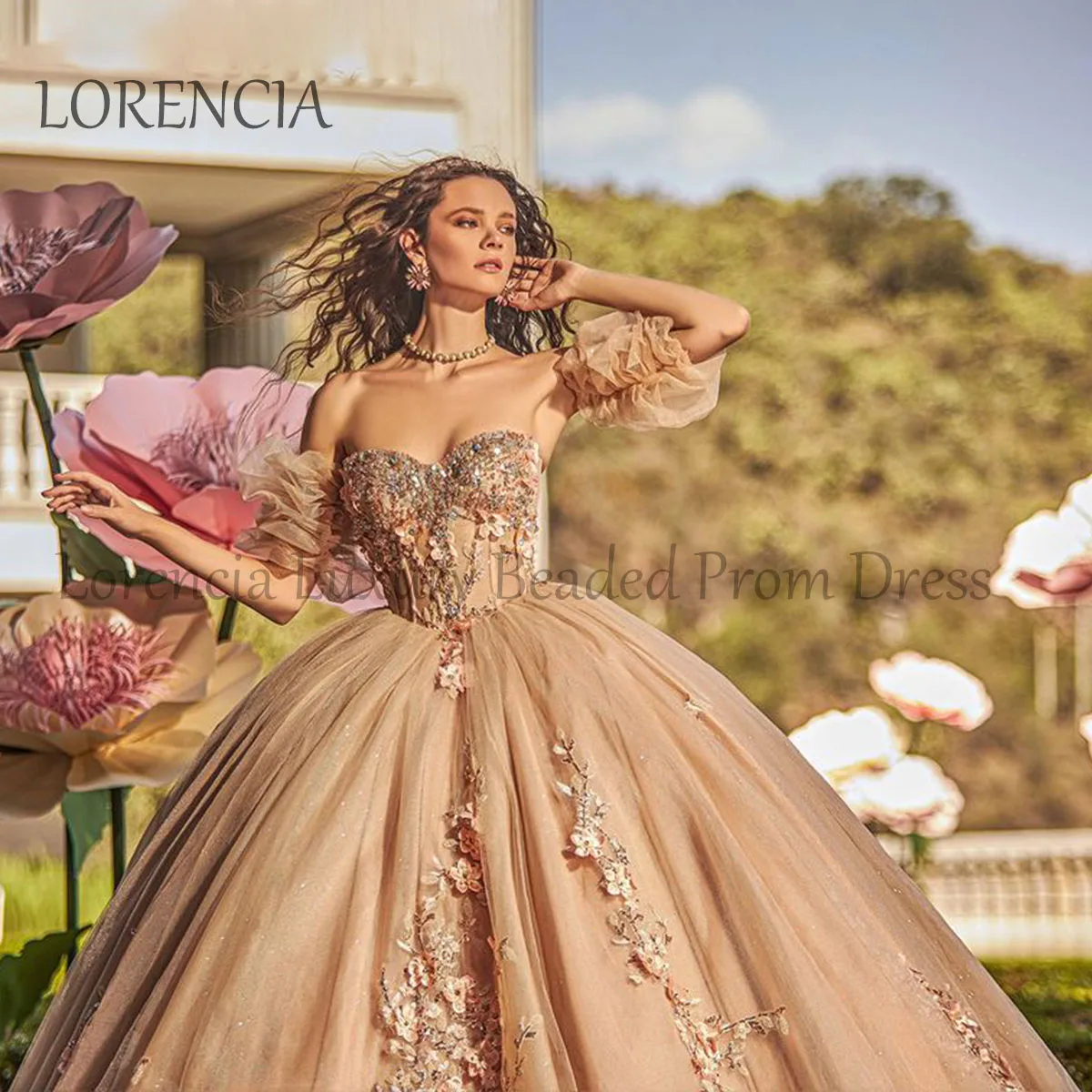 Quincenara-Robe mexicaine à dos ouvert avec perles, appliques de fleurs 3D, fibre de tulle, robe de Rhdouce, 15, 16 ans, 2024