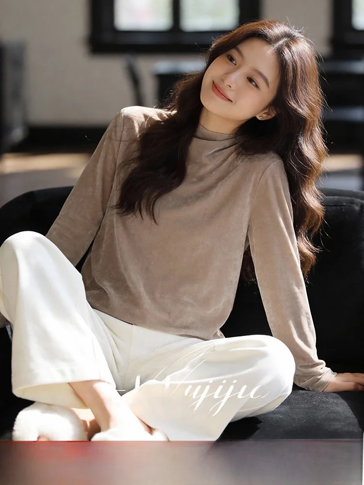 

plus Size High Collar Long Sleeve Slim Fit Base Shirt Casual Style Winter Inner Wear Top for Women Comfortable Nylon Polyeste...