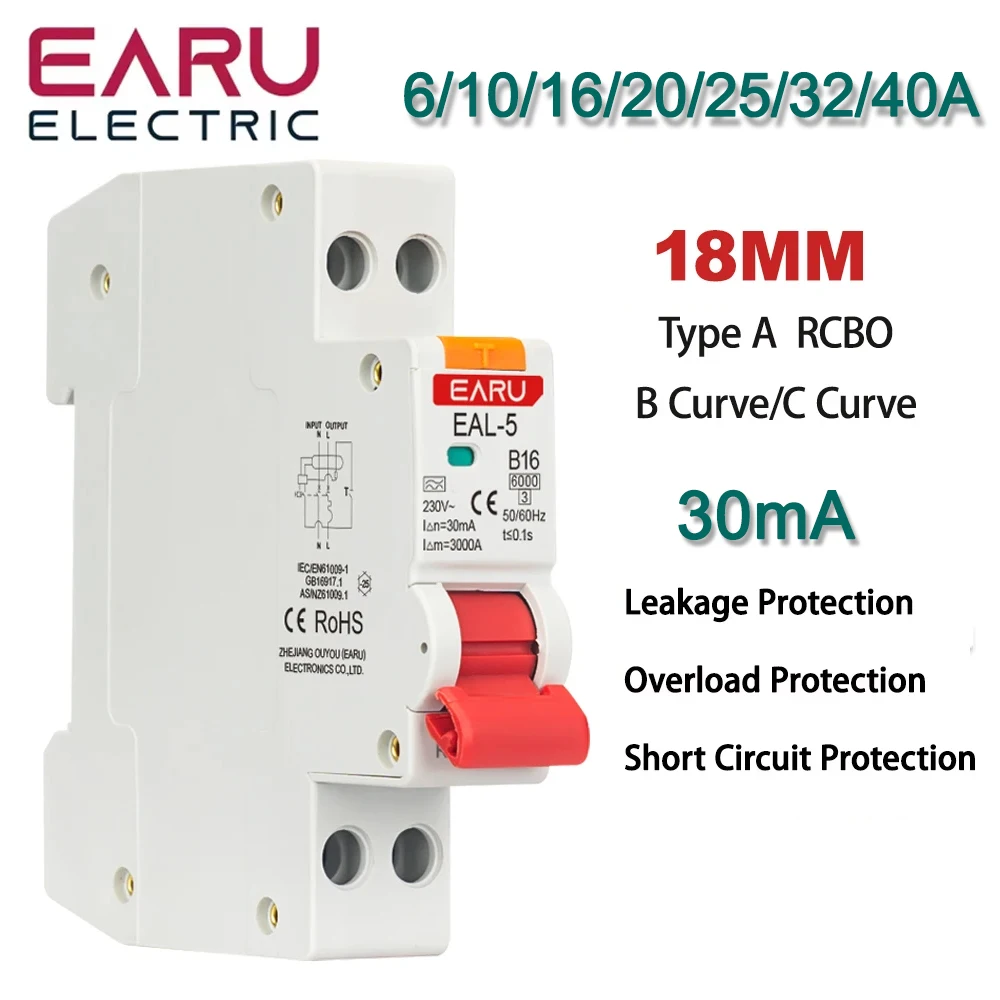 RCBO Type A Residual Automatic Circuit Breaker 1P+N 2P 6A 10A 16A 20A 32A 40A Curve C/B Over Current Leakage Protection 30mA