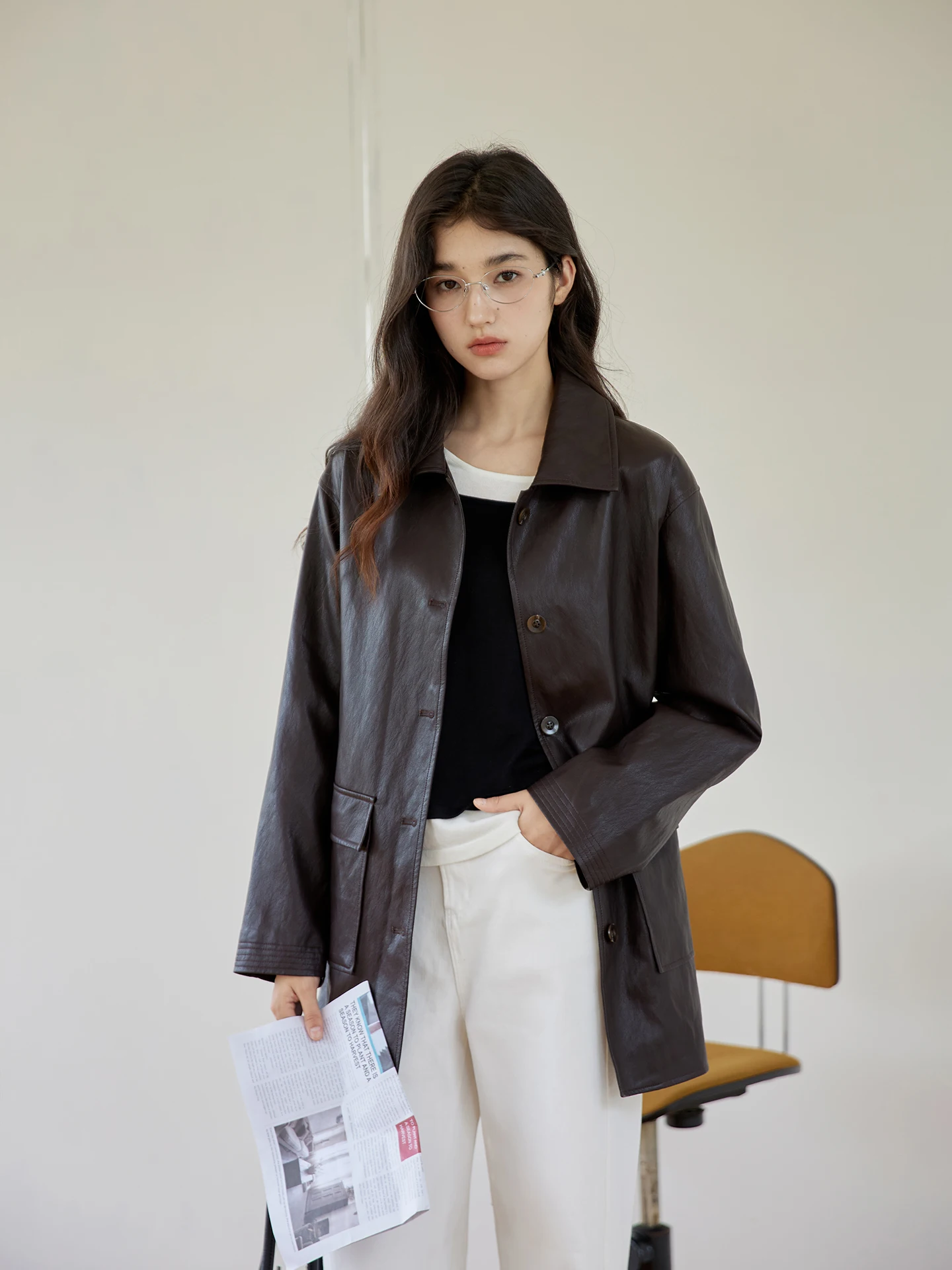 Ginnkee Giacca Vintage in Pelle Marrone con Colletto, da Donna, Autunnale, a Maniche Lunghe, Lunghezza Media, in Pelle PU Color Caffè Scuro, Abbigliamento Esterno