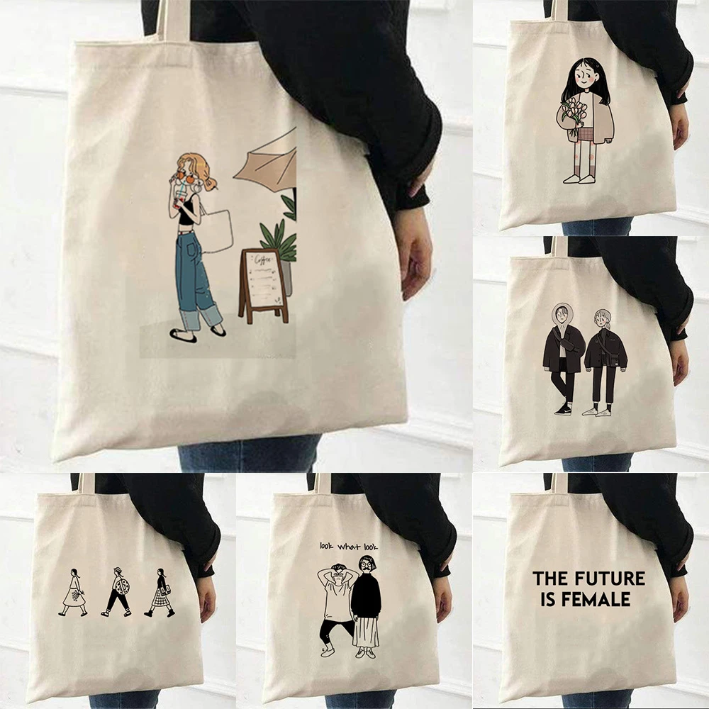 

Korean-style Cartoon Girl Pattern Canvas Tote Bag - Friendly Shopping Bag for Women and Men Perfect for Daily Use and Gifts