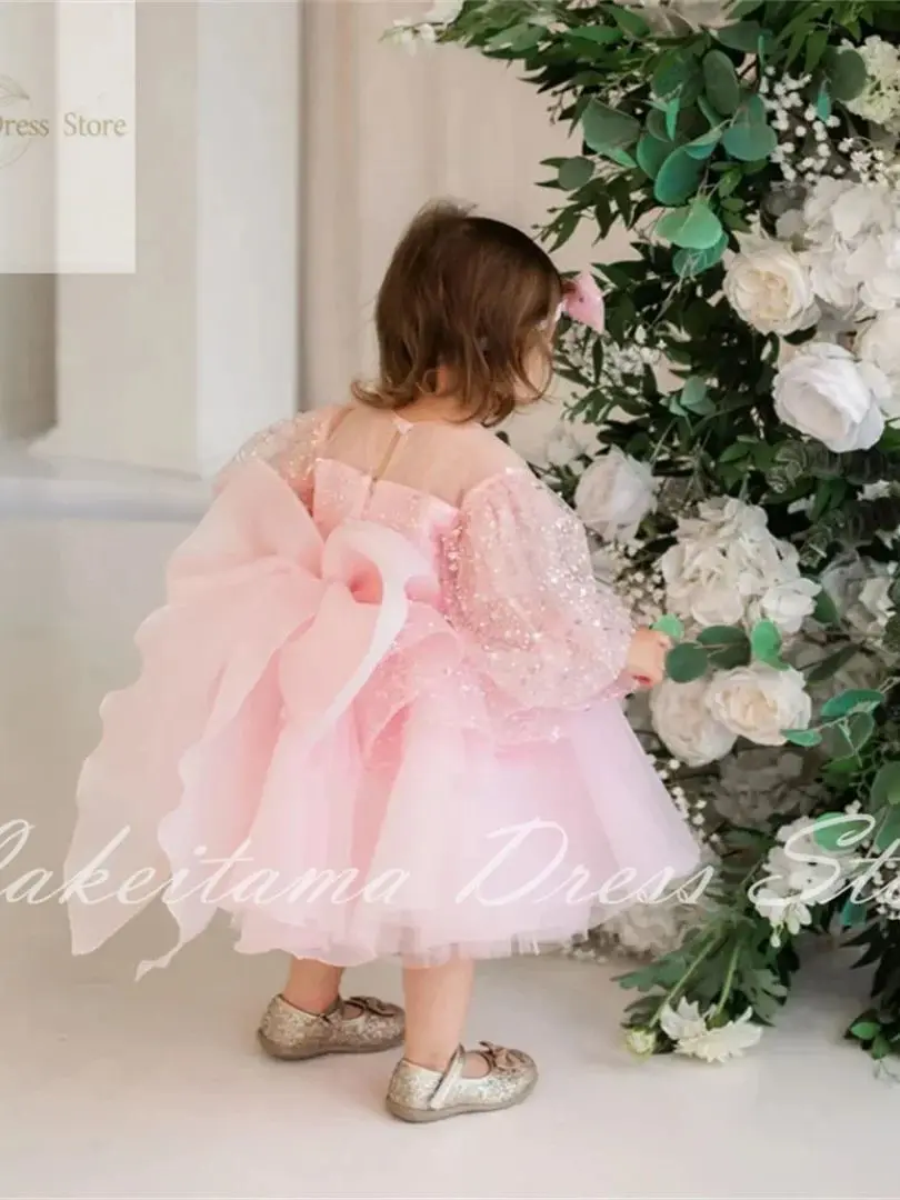 Vestido rosa de tul con apliques de flores para niña, para boda, cuello redondo, lentejuelas, hinchado, cumpleaños, primera comunión, vestidos de baile de princesa