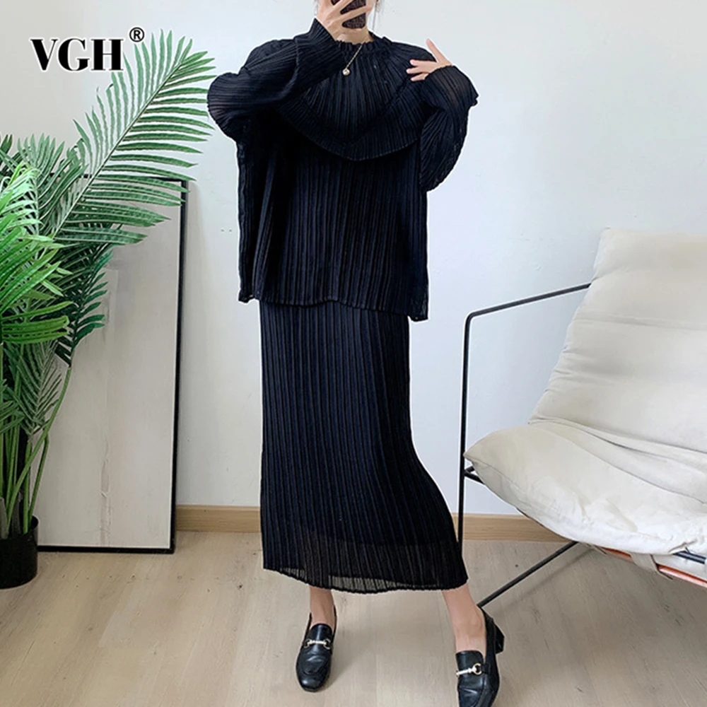 

VGH Solid Loose Temperament Skirts Sets For Women Round Neck Long Sleeve Top High Waist Folds Skirt Elegant Spring Set Female