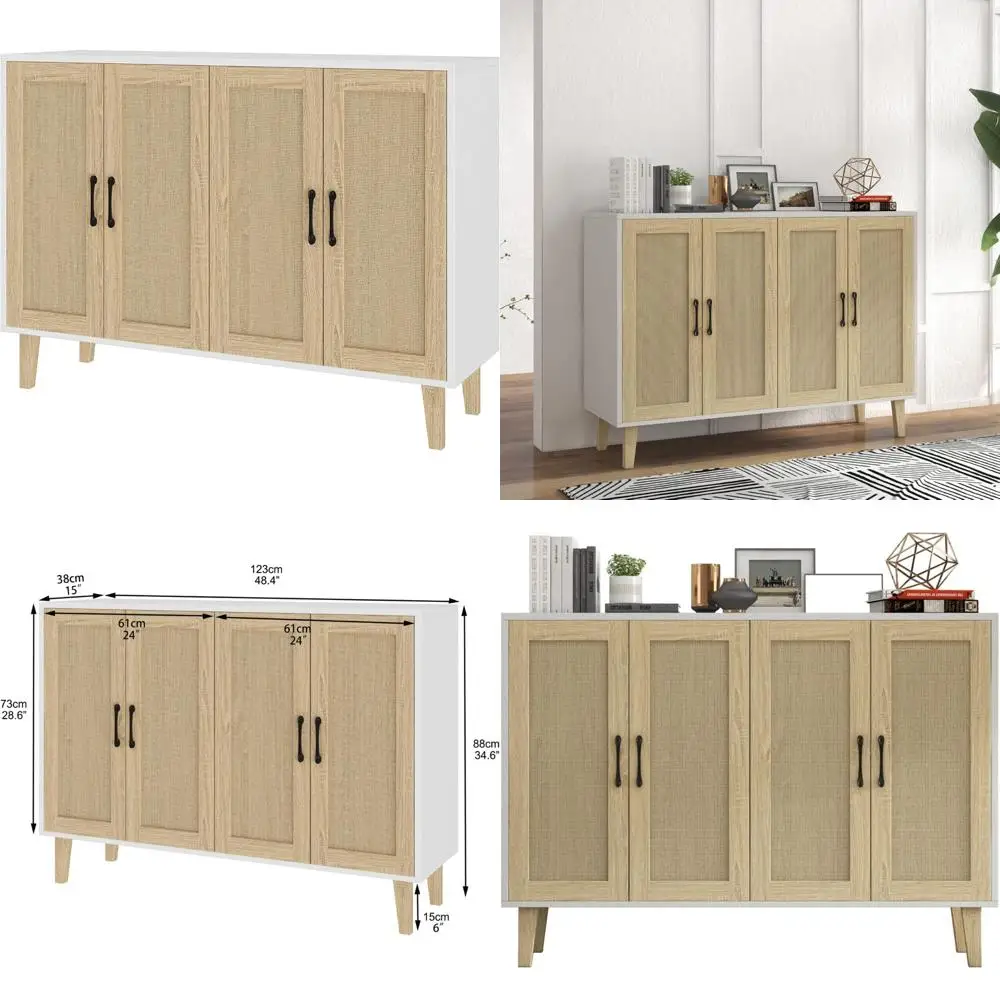 خزانة بوفيه بانانا مزينة بالروطان مع 4 أبواب لغرفة المعيشة والمطبخ، أبيض، 48.43 × 34.65 × 15