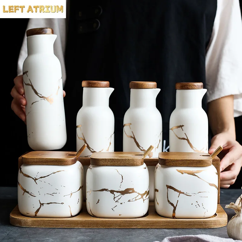 Spice Jar Set Marble Ceramic Seasoning Pot For Kitchen Container Accessories Seasoning Rack Salt Sugar Pepper Shaker Storage Box