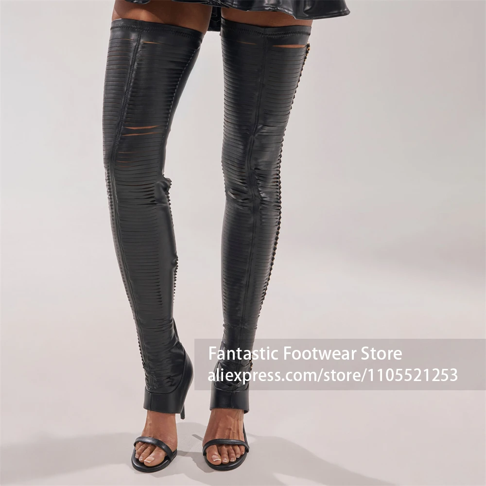 Vertical Fringe Cut-out Shaft Over-knee Boots Long Gold Metal Chain Decor Boots Back Zipper Closure Sexy Stiletto Heel Boots