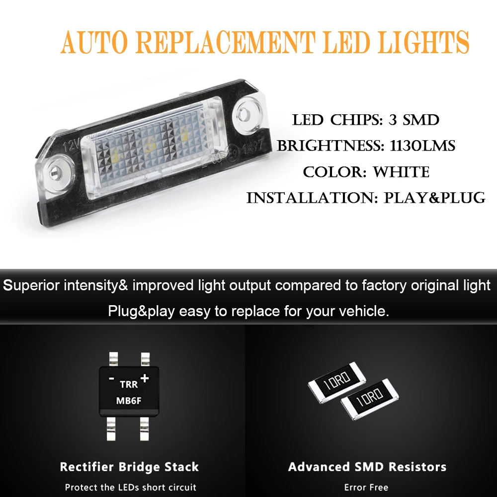 3SMD White LED License Number Plate Lights No Error for Golf 4 5 Lupo Polo 9N Passat 3C B6 Limousine 2005-2010 Car Styling