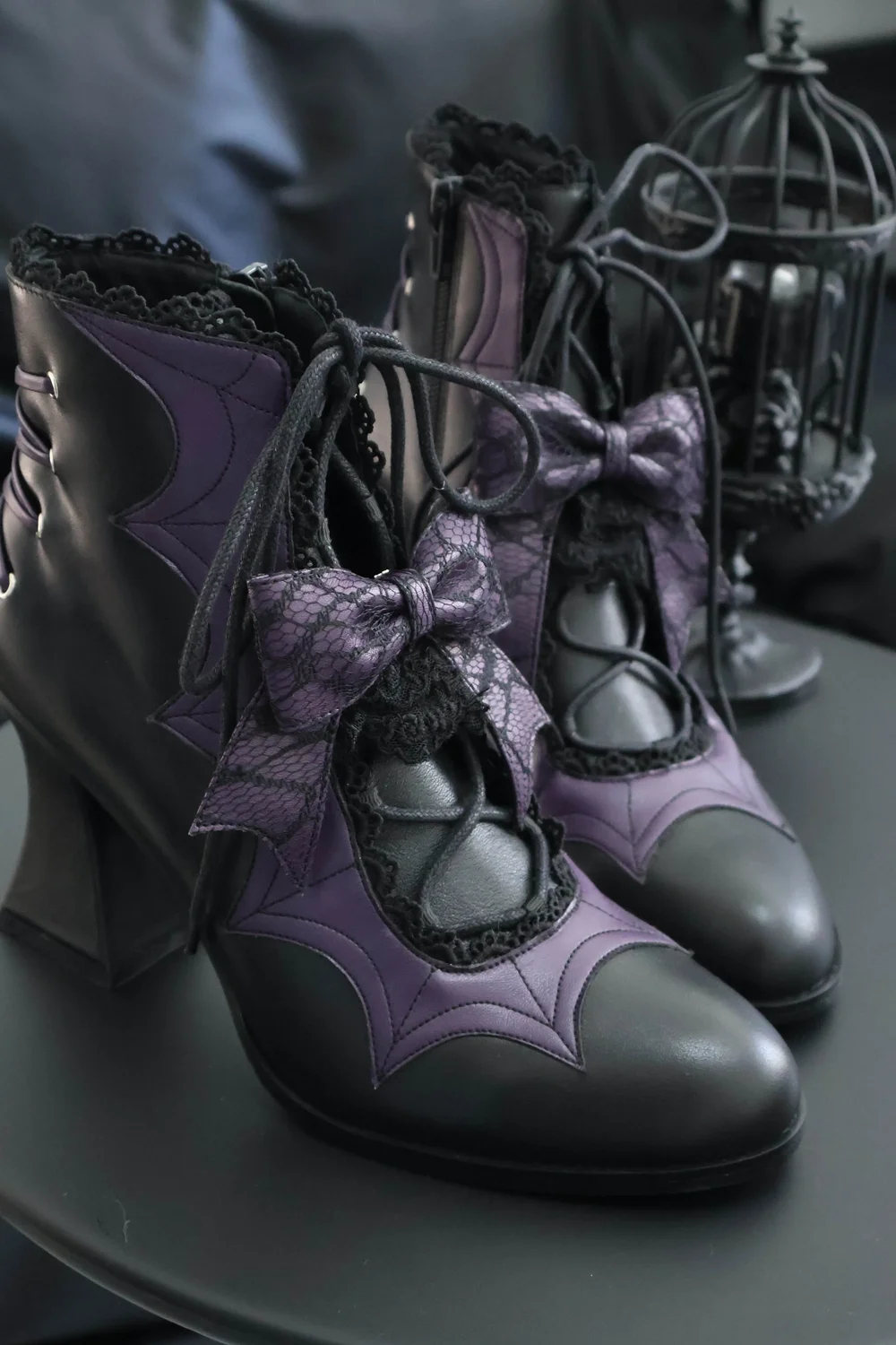 

Black Purple Gothic Round-Toe Ankle Boots Bat Wing Lace Bow Detail Block Heel Lace-Up Design Whimsical Dark-Fairy Style Looks